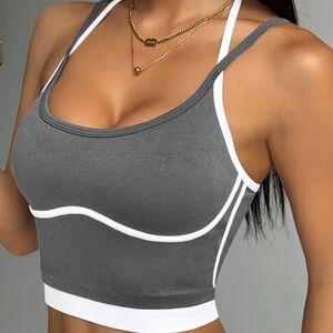 Gray and White Color Block Women's Sports Bra